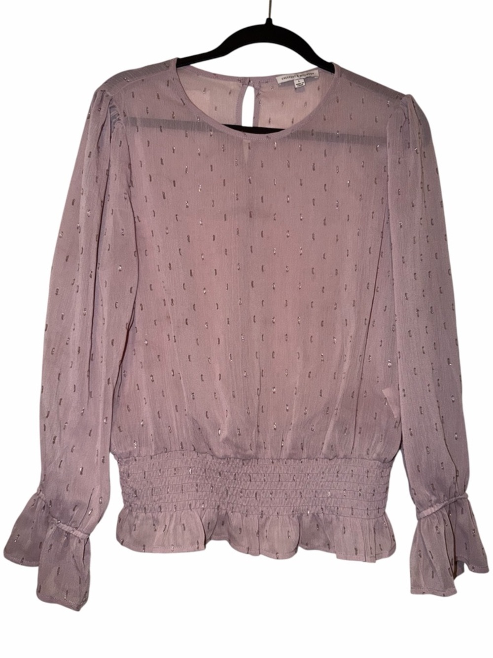 Smocked Waist Lavender Sheer Blouse with Ruffle Cuffs
